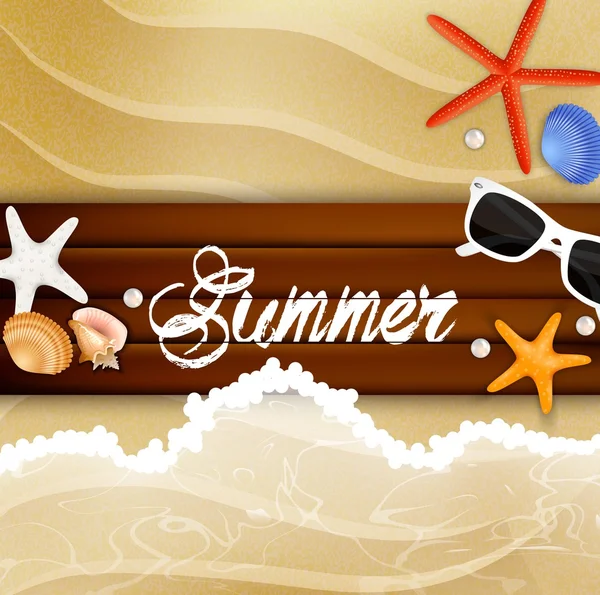 Estrellas de mar y gafas de sol sobre fondo de madera — Vector de stock