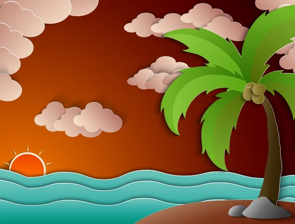 Palmera de coco y puesta de sol en la playa — Vector de stock