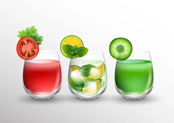 Suco de frutas e vegetais em copos e pedaços de frutas frescas em vidro — Vetor de Stock