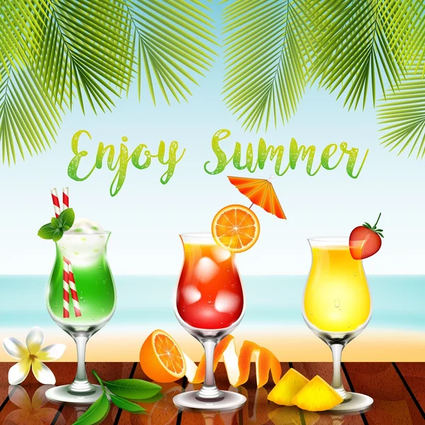 Summer drinks on the table in beach background — Stock Vector