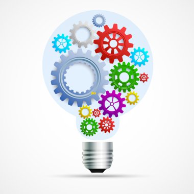 Parlak fikir ampul SMM ve gears ile. Vites beyaz arka plan üzerinde ampul içinde