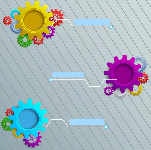 Info gráficos con engranajes de colores sobre el fondo de madera gris — Vector de stock