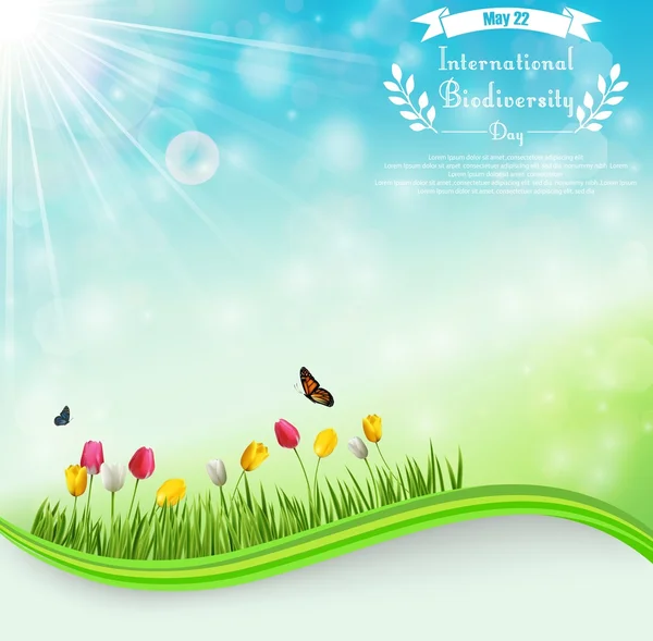 Fondo del prado de biodiversidad con flores de tulipán y mariposas — Vector de stock