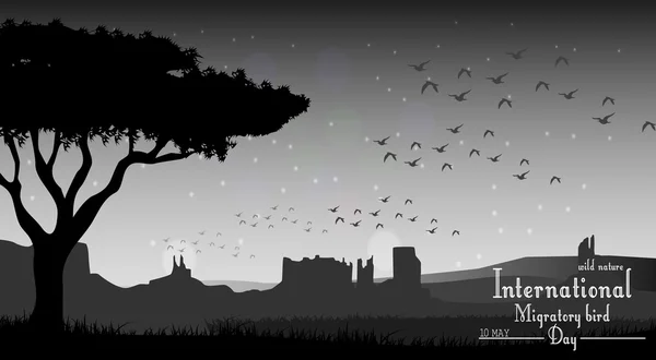 Oiseaux jour migratoire avec arbre sur fond de nuit — Image vectorielle