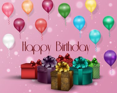 Pembe arka plan doğum günü partisi ile renk balonlar ve hediye kutuları