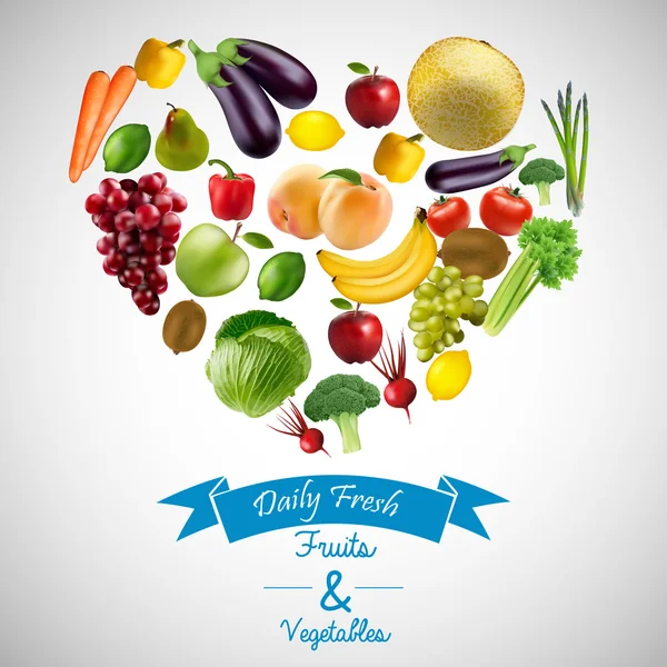 Gyümölcs és zöldség, kék szalaggal szív — Stock Vector