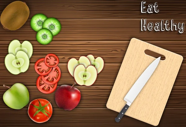 Färsk frukt skivor på bordet med en kniv på cutting board bakgrund — Stock vektor