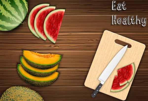 Frutas frescas fatias na mesa com uma faca e melancia em um fundo de placa de corte — Vetor de Stock