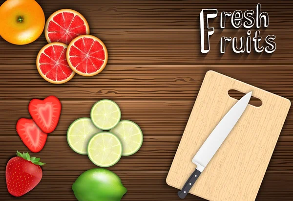 Tranches de fruits frais sur la table avec un couteau sur un fond de planche à découper — Image vectorielle