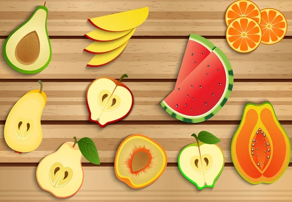 Fresh fruits on a brown wooden background — Stock Vector