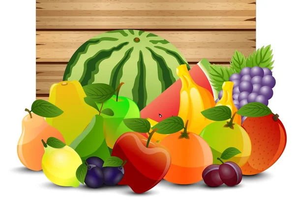果物と木製の背景 — ストックベクタ