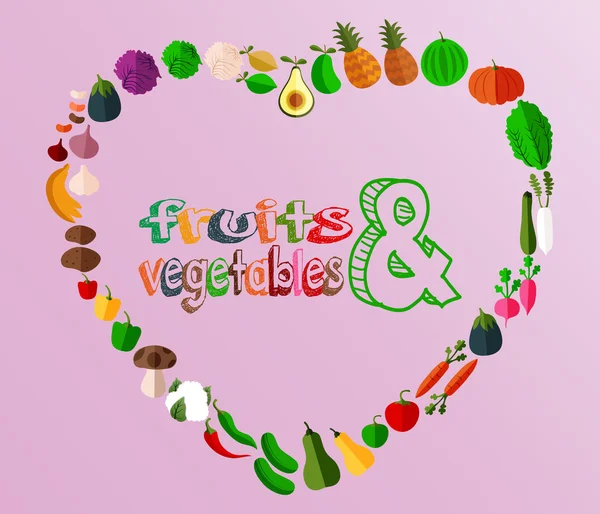 Szív, különböző gyümölcsök és zöldségek ikonok — Stock Vector