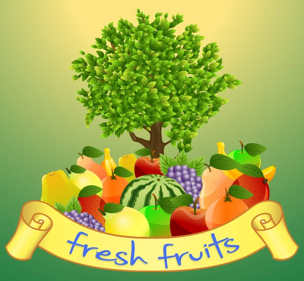 Frisches Obst mit Etiketten und Bäumen auf grünem Hintergrund — Stockvektor