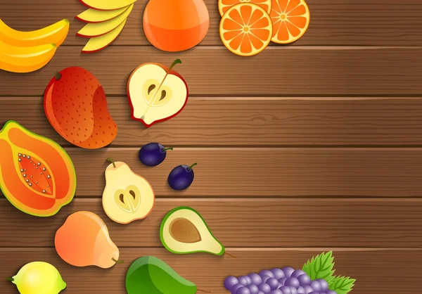Frutas frescas em um fundo de madeira marrom — Vetor de Stock