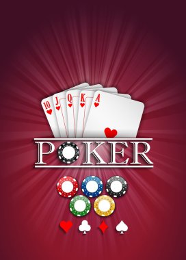 Kartları ve kırmızı bir arka plan üzerinde casino fişi