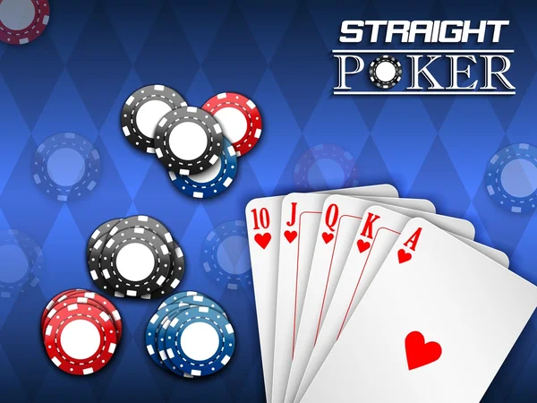 Royal flush a poker žetony na modrém pozadí — Stockový vektor