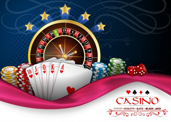 Fondo azul rosado con ruleta de casino rueda, tarjetas y fichas — Archivo Imágenes Vectoriales
