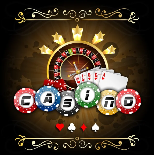 Spelkort med pokermarker och rouletthjulet — Stock vektor