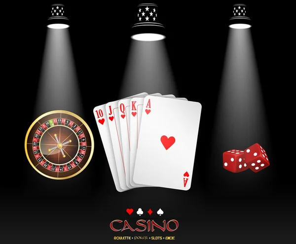 Spotlight casino design com cartões, roleta roda e dados — Vetor de Stock