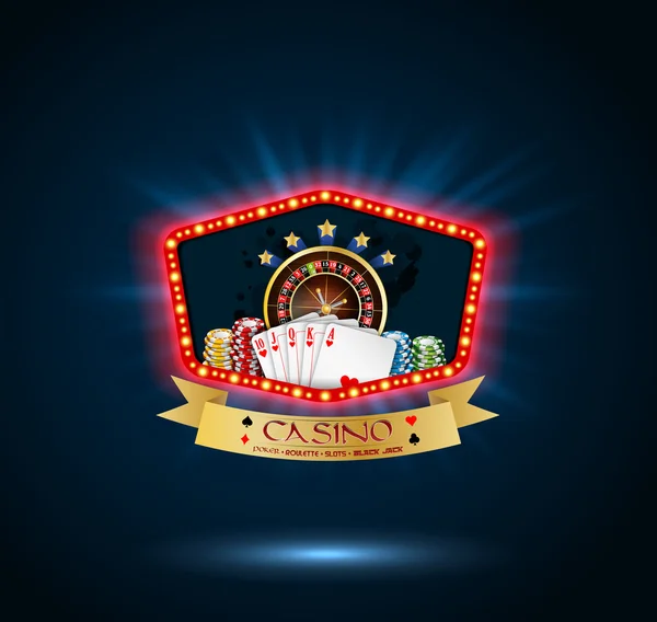 Сяючий банер партії казино з гральними картами, колесо рулетки і чіпси — стоковий вектор