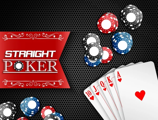 Poker królewski z żetony i etykiety na czarnym tle — Wektor stockowy