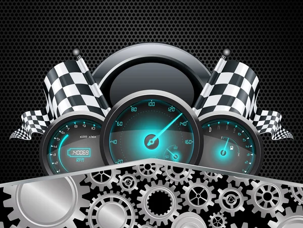 车速表和方格的旗与概念齿轮 — 图库矢量图片
