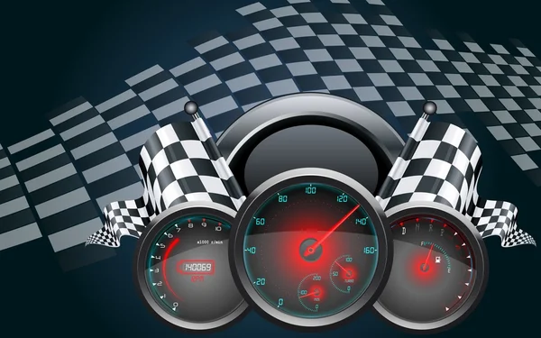 Compteur de vitesse de voiture et drapeaux à carreaux — Image vectorielle