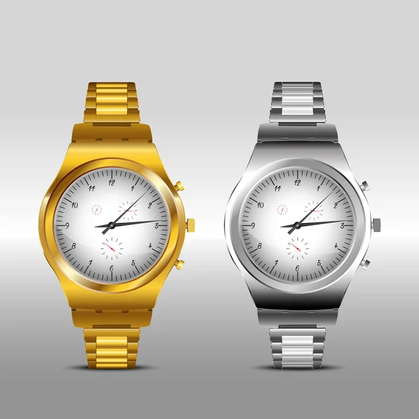 Guld och klassiska metall klockor på vit bakgrund — Stock vektor