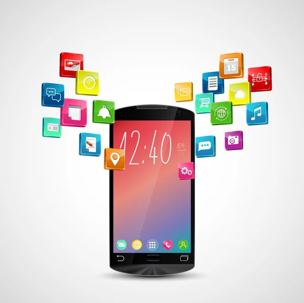 Schwarzes Smartphone mit Applikationssymbolen auf weißem Hintergrund — Stockvektor