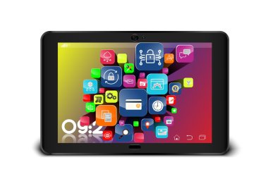 Tablet Pc ile izole beyaz arka plan üzerinde renkli uygulama simgeleri 