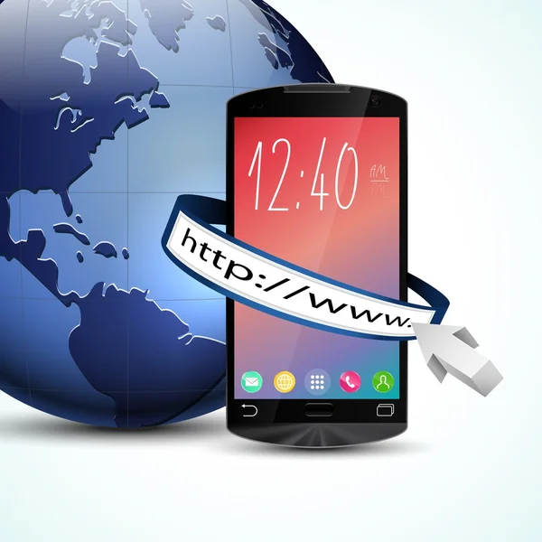 Schwarzes Touchscreen-Smartphone mit Webbrowser und blauer Erdkugel auf weißem Hintergrund — Stockvektor
