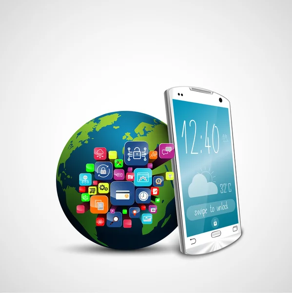 Weißes Touchscreen-Smartphone mit Applikationssymbolen und grüner Erdkugel isoliert auf weißem Hintergrund — Stockvektor