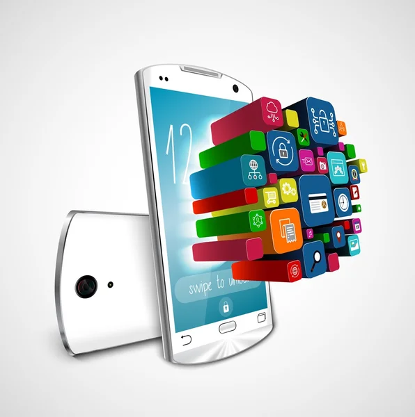 Weißes Smartphone mit Applikationssymbolen auf weißem Hintergrund. 3D-Illustration — Stockvektor