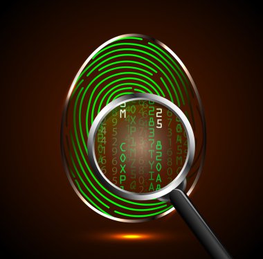 Magnifying glass looking at a fingerprint and showing binary code  clipart