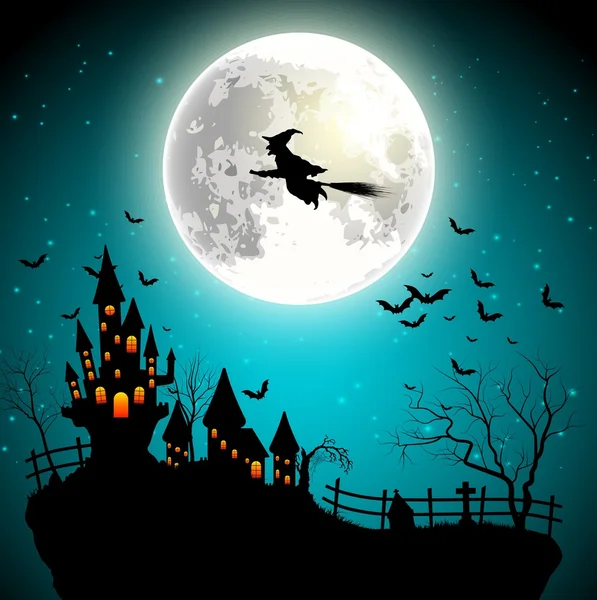 Halloween fundo com bruxa voadora na lua cheia — Vetor de Stock