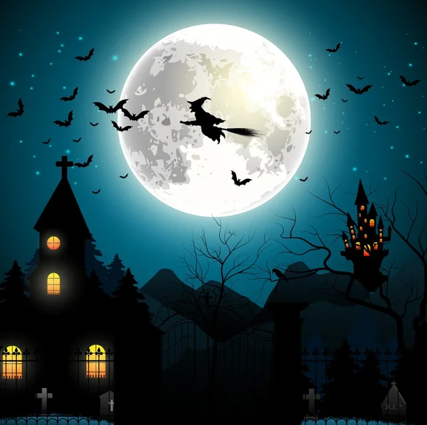 Halloween fundo com bruxa voadora na lua cheia — Vetor de Stock
