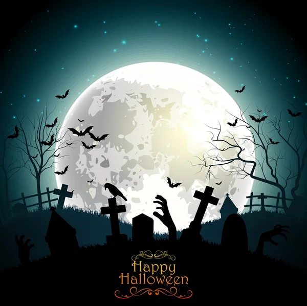 Fondo de Halloween con manos zombies en la luna llena — Vector de stock
