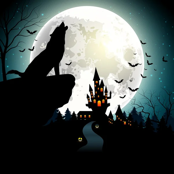 Halloween fundo com o lobo na lua cheia —  Vetores de Stock