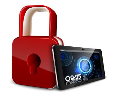 Tablet Pc kavramı gizlilik ve parmak izi ve bir asma kilit tarar Emanet 