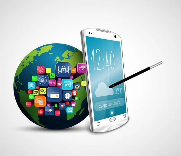 Erde Globus Anwendung Symbole mit Stift auf dem Bildschirm Handy isoliert weißen Hintergrund — Stockvektor
