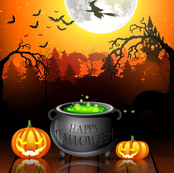 Halloween party background with pumpkins, pot and flying witches in full moon — Stock Vector