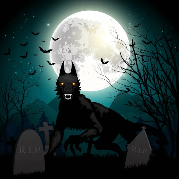Векторная Иллюстрация Хэллоуина Черным Волком Кладбище — стоковый вектор
