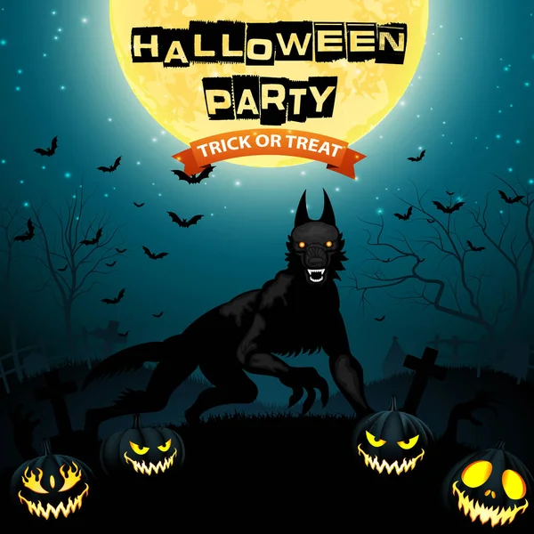Vektorillustration Des Halloween Hintergrunds Mit Wolf Und Kürbissen — Stockvektor