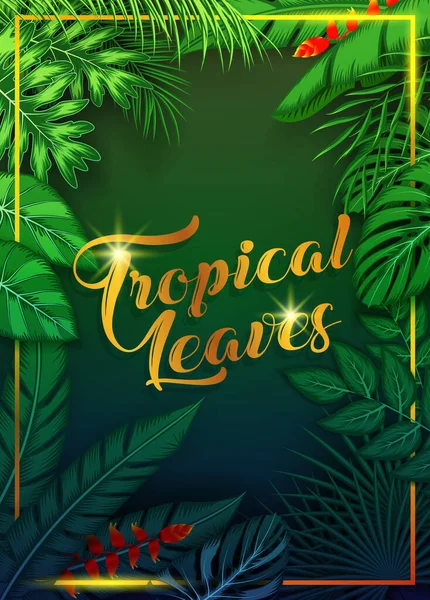 Vector Illustration Exotic Pattern Tropical Leaves Black Background — Stock Vector