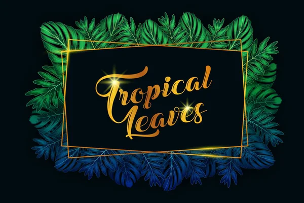 Ilustración Vectorial Patrón Exótico Con Hojas Tropicales Sobre Fondo Negro — Vector de stock