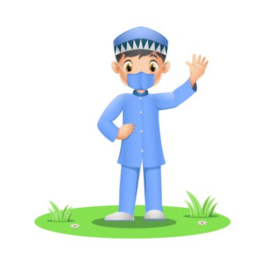 Çimlerin üzerinde yüz maskesi takan sevimli Müslüman çocuğun vektör çizimi