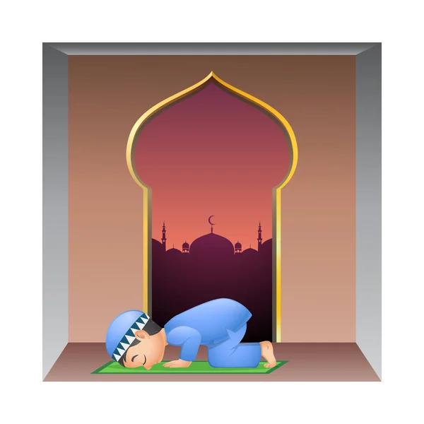 Ilustração Vetorial Menino Muçulmano Feliz Rezando Mesquita — Vetor de Stock
