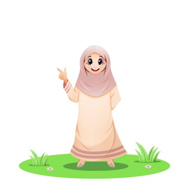 Vector illustration of Cute Muslim girl standing in the grass and pointing his finger up