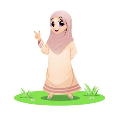 Vector illustration of Cute Muslim girl standing in the grass and pointing his finger up