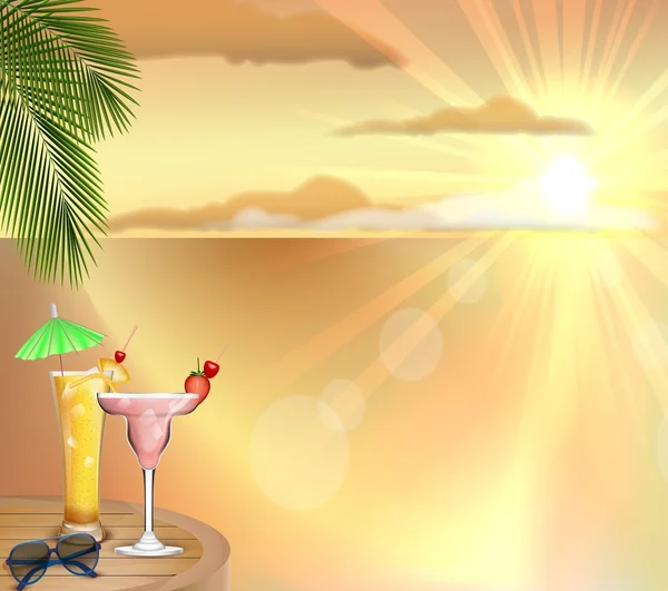 Pôr do sol na praia com bebidas —  Vetores de Stock